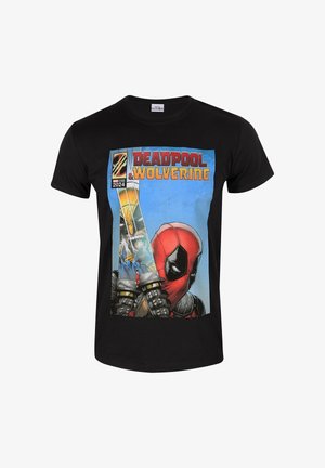 Czarny t-shirt z krótkim rękawem z kolorowym nadrukiem w stylu komiksu przedstawiającym Deadpoola i Wolverine'a z wyraźnym napisem. Materiał bawełniany.