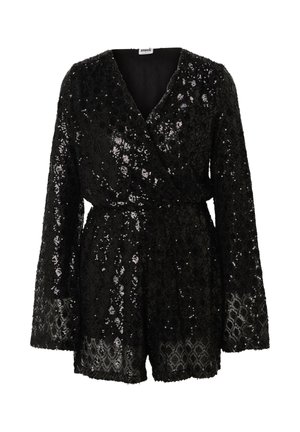 Musta pitkähihainen paljettikuosinen haalari, jossa on kietaisumallinen etuosa, istuva vyötärö ja puoliksi läpikuultava kukkakuvioinen pitsireuna hihoissa ja shortseissa.