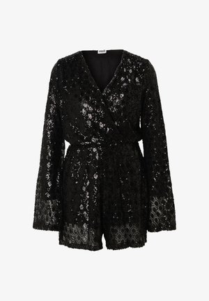 Tuta corta nera a maniche lunghe con paillettes, con scollo incrociato, vita aderente e orlo in pizzo semi-trasparente con motivo sulle maniche e sui pantaloncini.