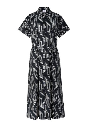 Černé midi šaty s bílým geometrickým cikcak vzorem, krátkými rukávy, zapínáním na knoflíky vpředu, límečkem a páskem vázaným v pase.