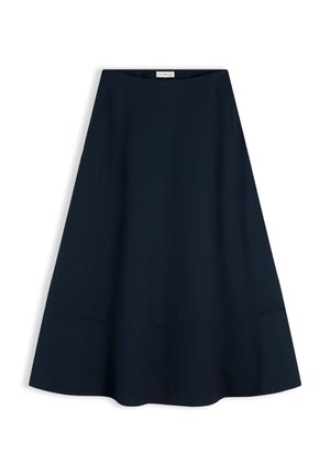Marineblauwe A-lijn rok met hoge taille, subtiele horizontale naaddetail dichtbij de zoom, en een gladde stoftextuur.