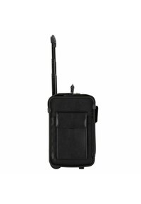 Black rolling suitcase with retractable handle, front pocket, rectangular shape, textured exterior, and smooth plastic wheels.