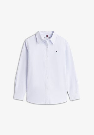 Lichtblauw gestreept overhemd met lange mouwen en een button-down kraag, voorzien van een subtiel merkembleem en manchetdetails in een gladde katoenmengeling.