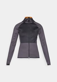 Gray athletic jacket with a high collar, front zipper, and contrasting orange accents. Features long sleeves and zippered chest pocket.