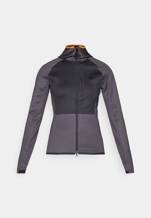 Gray athletic jacket with a high collar, front zipper, and contrasting orange accents. Features long sleeves and zippered chest pocket.