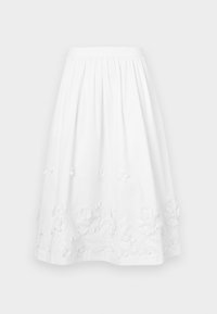 Fustă A-line din bumbac alb, cu talie strânsă, având broderie florală texturată la tiv, dintr-un material ușor și moale.