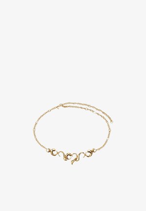 Collier délicat en chaîne d'or avec un design abstrait ondulé, présentant au centre des formes courbes entrelacées.