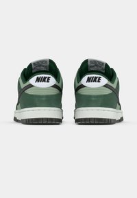 Nike Dunk Low sportcipők zöld és szürke színekben, fehér talppal, párnázott szegéllyel és logó részlettel a sarokfülön.