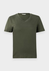 T-shirt verde oliva a V con maniche corte, realizzata in morbido cotone, presenta una texture liscia e orlo dritto.