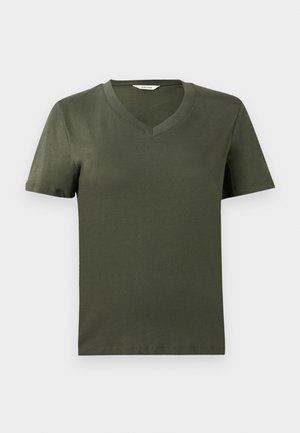 Olive green V-neck t-shirt with short sleeves, made of soft cotton material, featuring a smooth texture and straight hemline.