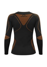 Schwarzes Langarmshirt mit orangefarbenen Streifendetails. Hergestellt aus dehnbarem Material, mit figurbetontem Schnitt, rundem Ausschnitt und nahtloser Verarbeitung.