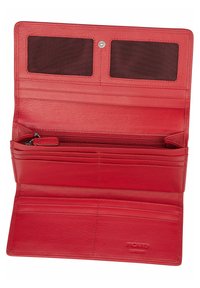Red leather wallet with a textured finish, features multiple card slots, a zippered section, and two clear ID windows.