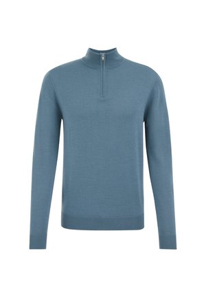 Suéter azul claro con cuello alto y cremallera de cuarto. Fabricado en material de punto suave, cuenta con mangas largas y puños y dobladillo acanalados.