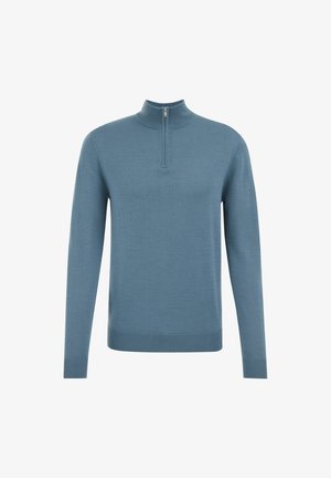 Hele sinine kampsun kõrge kaelusega ja veerand lukuga. Valmistatud pehmest kudumist, millel on pikad varrukad ja soonikkoes mansetid ning äär.