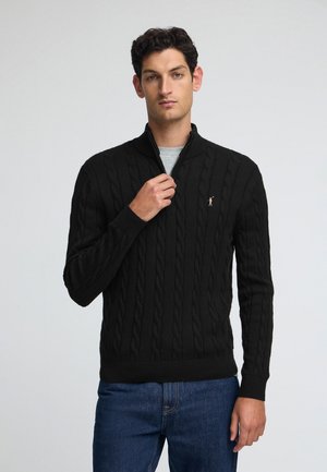 Schwarzer Strickpullover mit Kabelmuster, hohem Kragen und Reißverschluss, getragen über einem grauen Hemd. Das Modell trägt außerdem eine blaue Jeans.