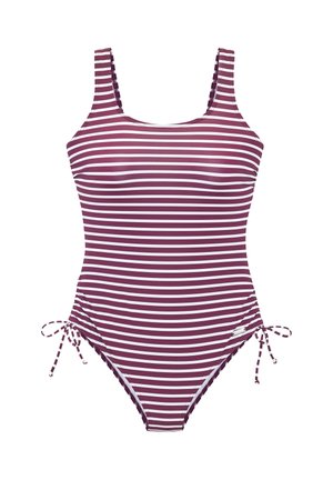 Einteiliger Badeanzug mit horizontalen weißen und bordeauxroten Streifen, Trägertop-Stil und verstellbaren seitlichen Bändern an jeder Hüfte.
