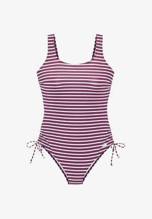 Einteiliger Badeanzug mit horizontalen weißen und bordeauxroten Streifen, Trägertop-Stil und verstellbaren seitlichen Bändern an jeder Hüfte.
