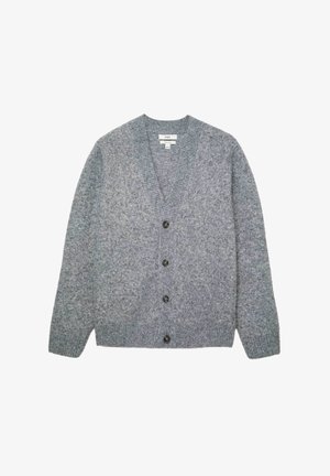 Grijze wollen cardigan met V-hals, geribbelde manchetten en onderrand, en vier donkere knopen aan de voorkant.