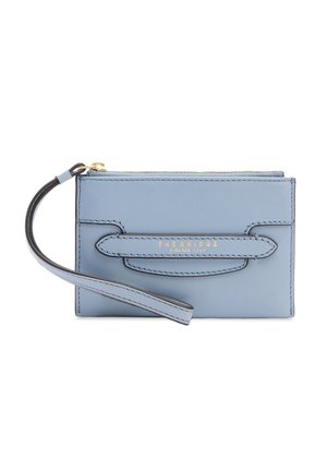 Portafoglio wristlet in pelle blu con cerniera dorata, dettaglio sulla strap anteriore e "THE BRIDGE FIRENZE 1969" impresso in lettere dorate.