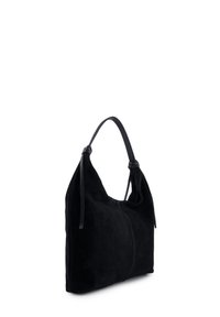 Czarna zamszowa torba na ramię o gładkiej fakturze, z pojedynczym skórzanym uchwytem i zaokrąglonym, luźnym kształtem. Na uchwycie znajduje się ozdobny supeł.