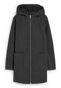 Cappotto grigio con cappuccio realizzato in tessuto strutturato, con zip frontale e due grandi tasche applicate sulla parte anteriore inferiore.