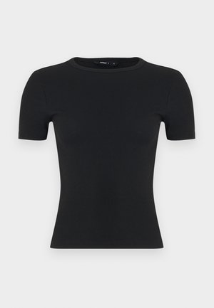 Svart ribbestrikket t-skjorte med korte ermer, rund hals, tettsittende design, laget av teksturert stoff med en glatt finish og uten synlige detaljer.