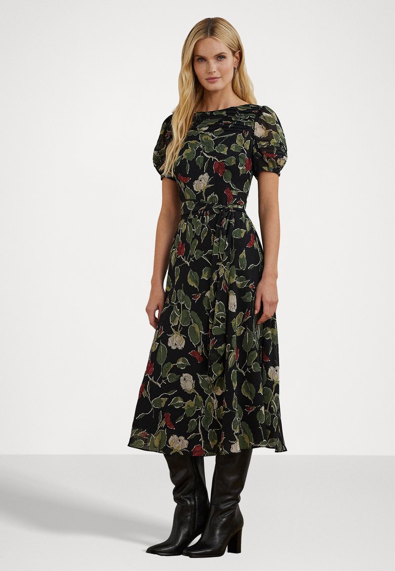 ralph lauren black dress with red flowers Ralph Lauren Black & Red Floral Ruched Dress