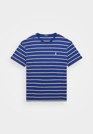 Navyblaue kurzärmlige T-Shirt mit horizontalen weißen Streifen und einem kleinen weißen Polo Ralph Lauren-Logo auf der Brust.