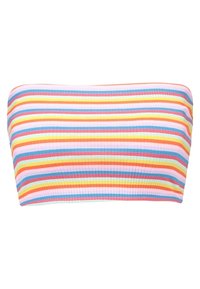 Regenbooggestreepte ribben bandeau top met horizontale roze, blauwe, gele, oranje en groene strepen op een witte achtergrond.