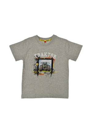 Gray short-sleeve t-shirt with a front graphic of a tractor, framed by black and orange design elements, and the text "TRAKTOR STRONG & HEAVY."
