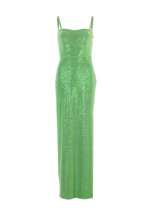 Abito midi verde con paillettes, dotato di spalline sottili e una silhouette aderente, con scollatura dritta e design bodycon senza cuciture.