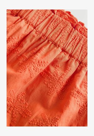 Oranž kangas tikitud lehemustritega. Ülaosas kogutud pitsdetail. Pehme tekstuuriga, kerge ja hingav disain.