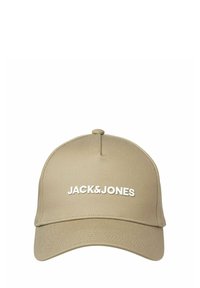 Beżowa czapka wykonana z tkaniny, z zakrzywionym daszkiem, przeszyciami i frontowym logo "JACK&JONES" w kolorze białym.