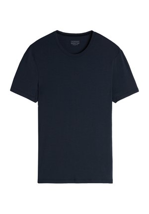 Navyblauw T-shirt van modalzijde, met een klassieke ronde halslijn en korte mouwen, met een soepele textuur en schone randen.
