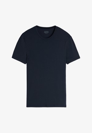 Navyblauw T-shirt van modalzijde, met een klassieke ronde halslijn en korte mouwen, met een soepele textuur en schone randen.