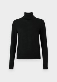 Pull en col roulé noir, fabriqué dans un tissu léger. Dispose de manches longues, d'une silhouette ajustée et d'une texture lisse sans motifs.