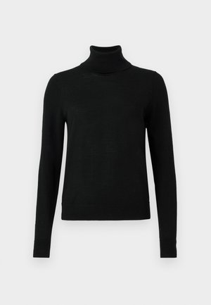Maglione a collo alto nero, realizzato in tessuto leggero. Presenta maniche lunghe, una silhouette aderente e una texture liscia senza motivi.