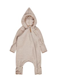 Beige fleece baby jumpsuit with hood and asymmetrical front zipper, elastic cuffs, and soft, warm fabric for cold weather.