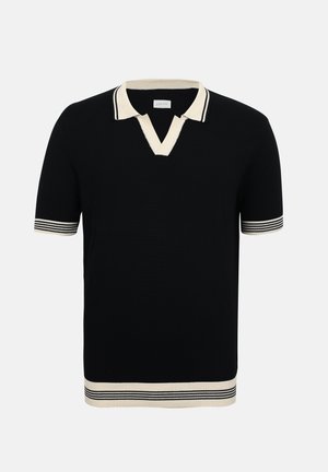 Polo en maille noir à manches courtes avec col, poignets et ourlet crème, orné de détails à rayures noires, et décolleté en V.
