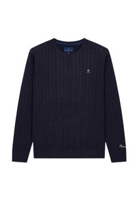 Granatowy sweter w warkocze, wykonany z miękkiego materiału, z okrągłym dekoltem, długimi rękawami oraz małym haftowanym logo na piersi.