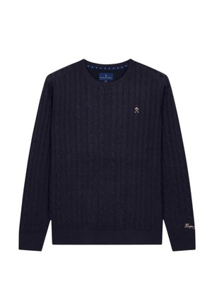 Maglione blu navy a trecce realizzato in morbido materiale, con scollatura rotonda, maniche lunghe e un piccolo logo ricamato sul petto.