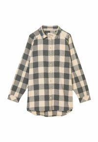 Long-sleeve flannel shirt featuring a beige and gray check pattern, button closure, and a curved hem. Made from soft, textured material.