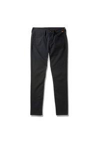 Black cotton pants with a slim fit, featuring front pockets, a button closure, and subtle orange accent on the waistband.