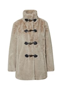 Beżowy płaszcz z sztucznego futra z wysokim kołnierzem, z czarnymi zapięciami na guziki typu toggle i miękką, teksturowaną powierzchnią. Okrągły dół i długie rękawy.