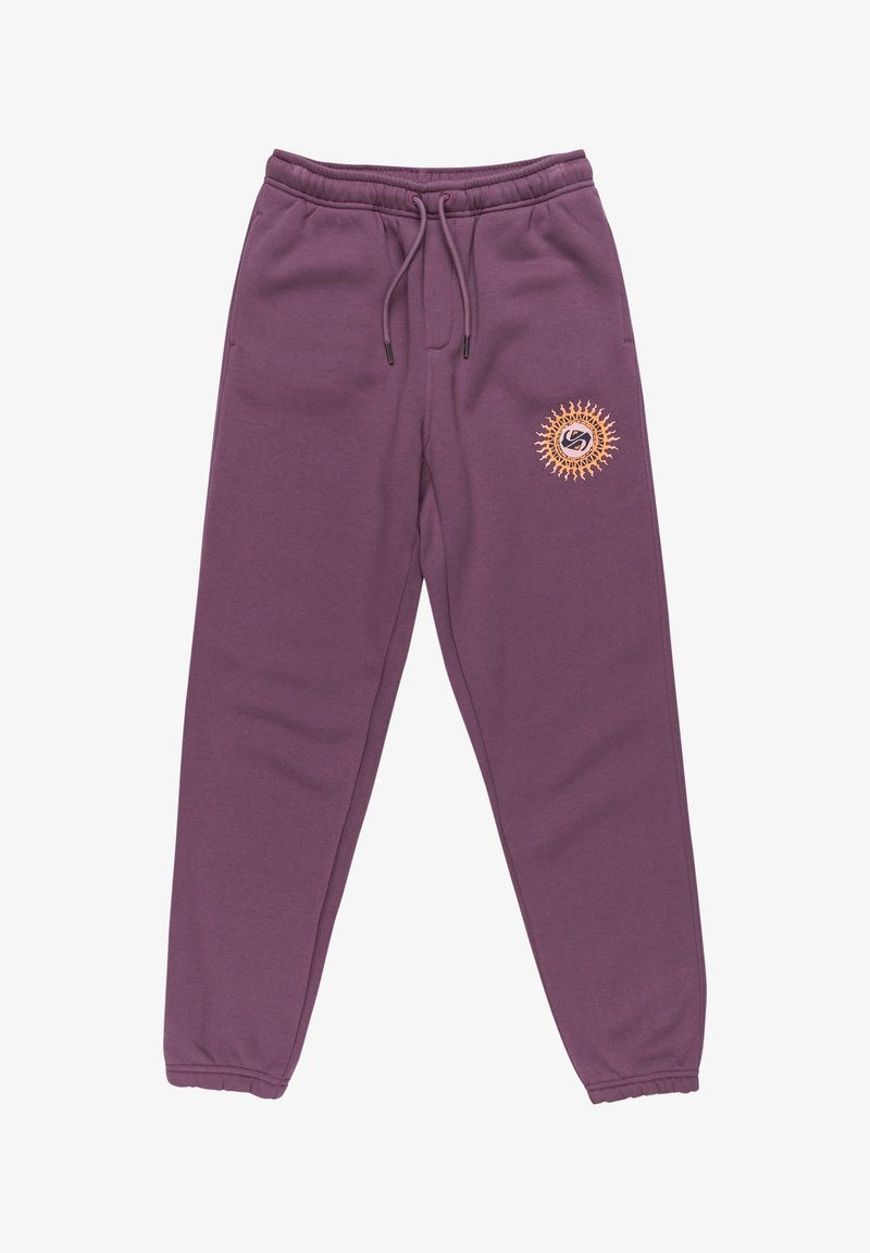Lila sweatpants med elastiskt midjeband och dragsko. Har en soldesign broderad i orange på vänster ben. Slät textur.