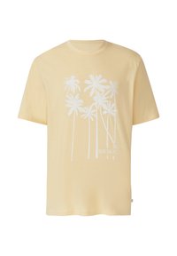 Lichtgele T-shirt met korte mouwen, voorzien van een witte palmbomenafbeelding en de tekst "Versla de Hitte" op de voorkant, ronde halslijn.