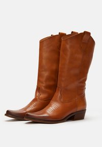 Botas de vaquero de cuero marrón con un caña alta, punta afilada, detalles de costura curva y un tacón bajo apilado. Textura suave, sin embellishments adicionales.