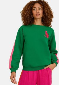 Sudadera verde con rayas rosas en las mangas, con un gráfico de leopardo rojo en el pecho. Fabricada en una tela suave con puños acanalados.