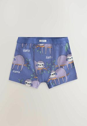 Boys' boxer briefs in soft cotton, featuring a purple background with sloth illustrations and green leaves. Elastic waistband for comfort.