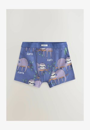 Boxeri pentru băieți din bumbac moale, cu un fundal violet și ilustrații cu leneși și foi verzi. Talie elastică pentru confort.